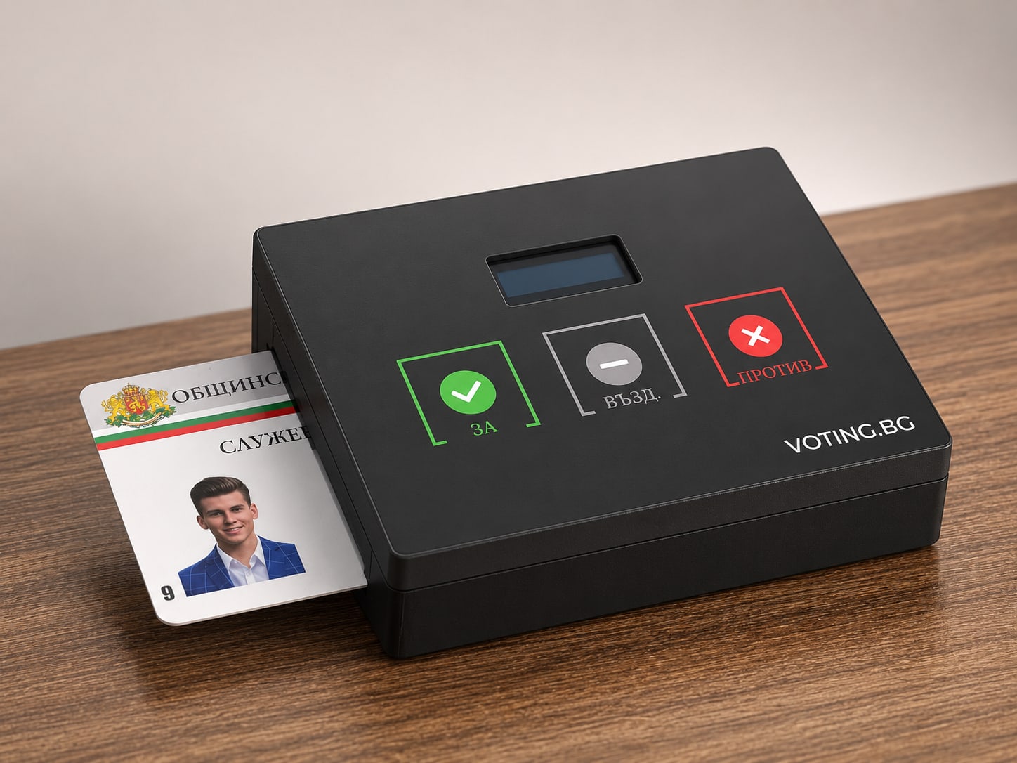Устройство за гласуване VOTING.BG с бутони „За“, „Възд.“ и „Против“ и служебна карта на общински съветник